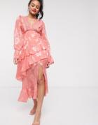 Dark Pink Plunge Front Midi Dress With Frill Detail In Apricot-orange