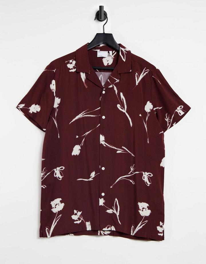 Asos Design Regular Camp Collar Viscose Shirt In Burgundy And White Scribble Floral-red