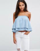 Liquor & Poker Oversize Ruffle Crop Top - Blue