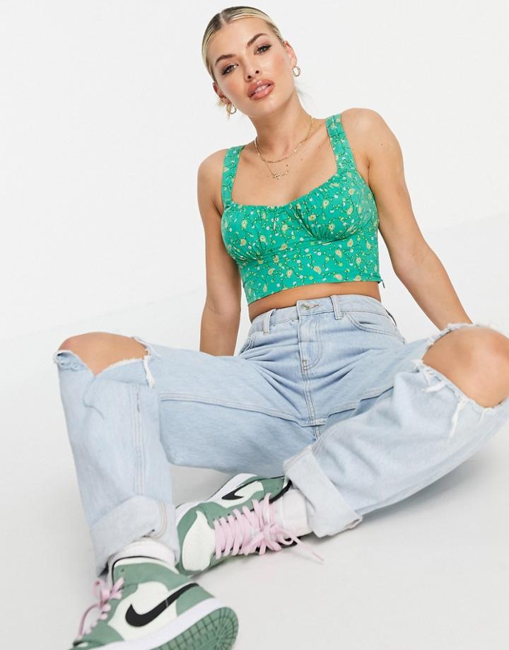 Motel Crop Top With Ruch Bust In Green Paisley Print