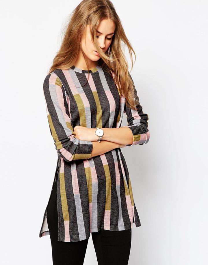Asos Long Sleeve Split Side Block Pattern Tunic - Multi