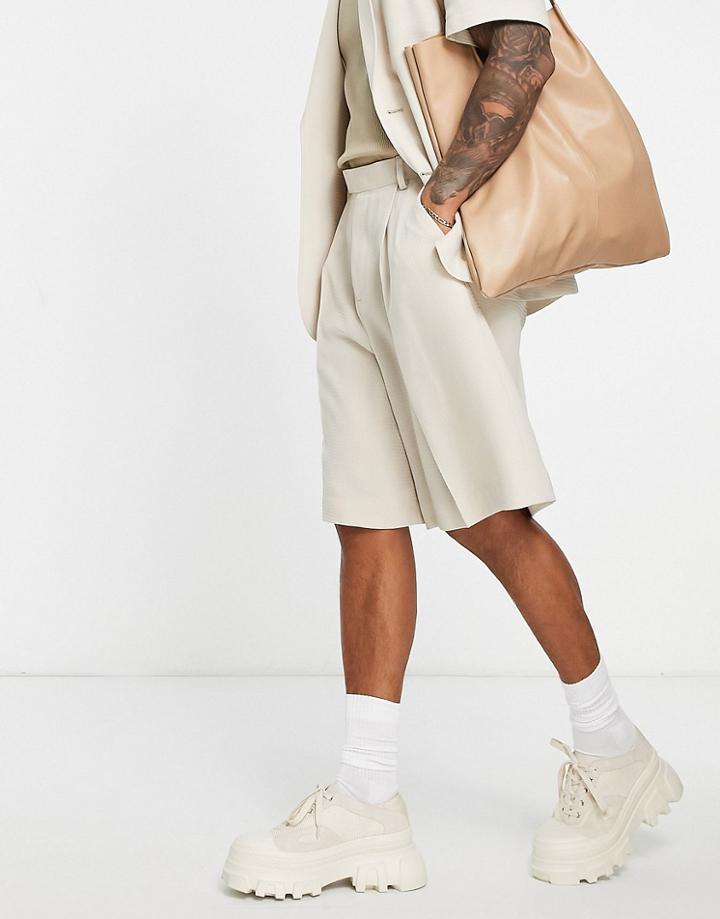 Asos Design A Line Suit Shorts In Beige Waffle-neutral