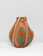 Reclaimed Vintage Hand Embroidered Mini Leather Pouch Bag - Tan