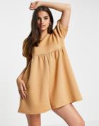 Asos Design Quilted Short Puff Sleeve Smock Romper In Camel-neutral