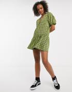 Asos Design V Neck Mini Smock With Short Sleeve And Pep Hem In Lime Check-green