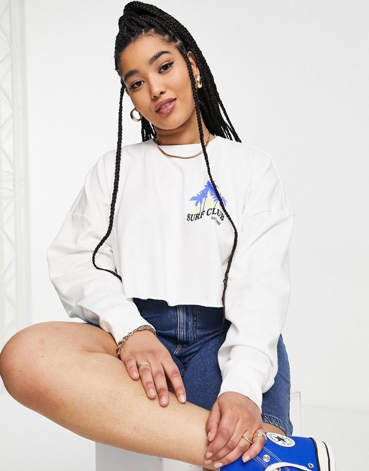 Asos Design Curve Cut Off Sweatshirt With Surf Club Pocket Graphic Print In White