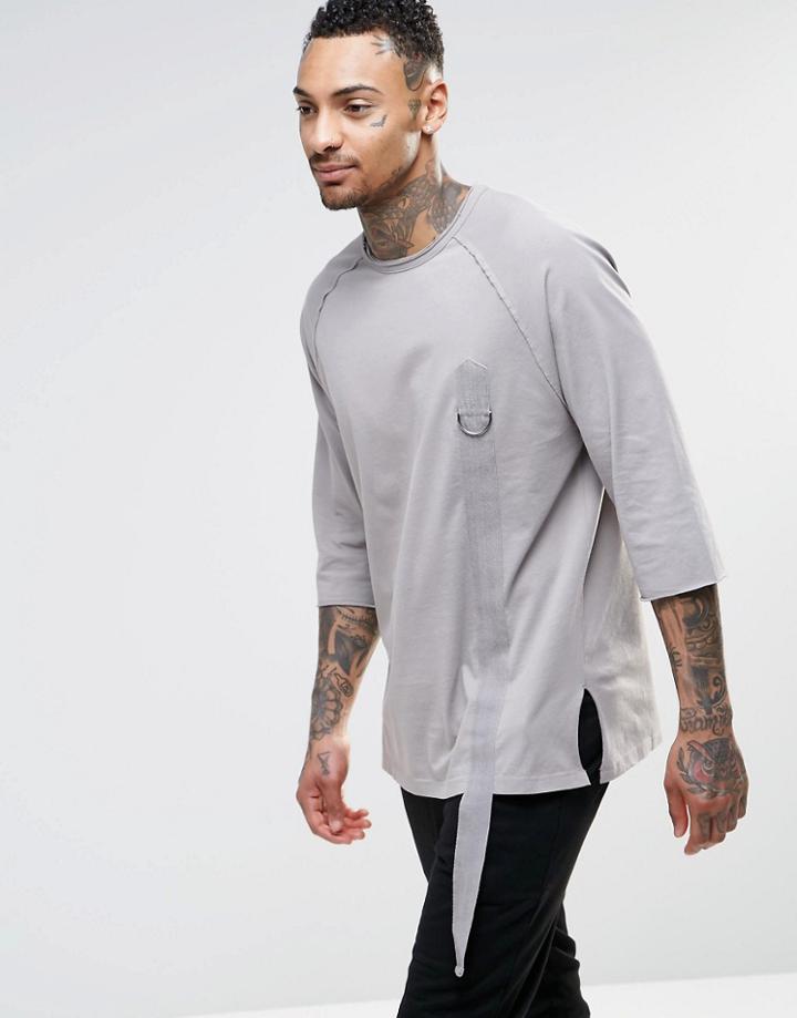 Asos Oversized Longline 3/4 Sleeve T-shirt With Tape Detail - Beige