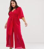 Little Mistress Plus Plunge Front Batwing Jumpsuit With Lace Insert Detail In Cherry-red