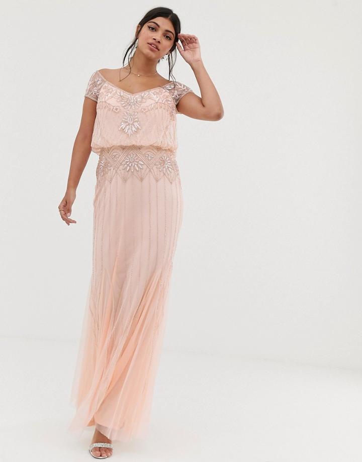 Amelia Rose Baroque Embellished Cap Sleeve Maxi Dress In Soft Peach-pink