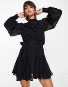 Asos Design High Neck Pleated Mini Dress With Flare Detail-black