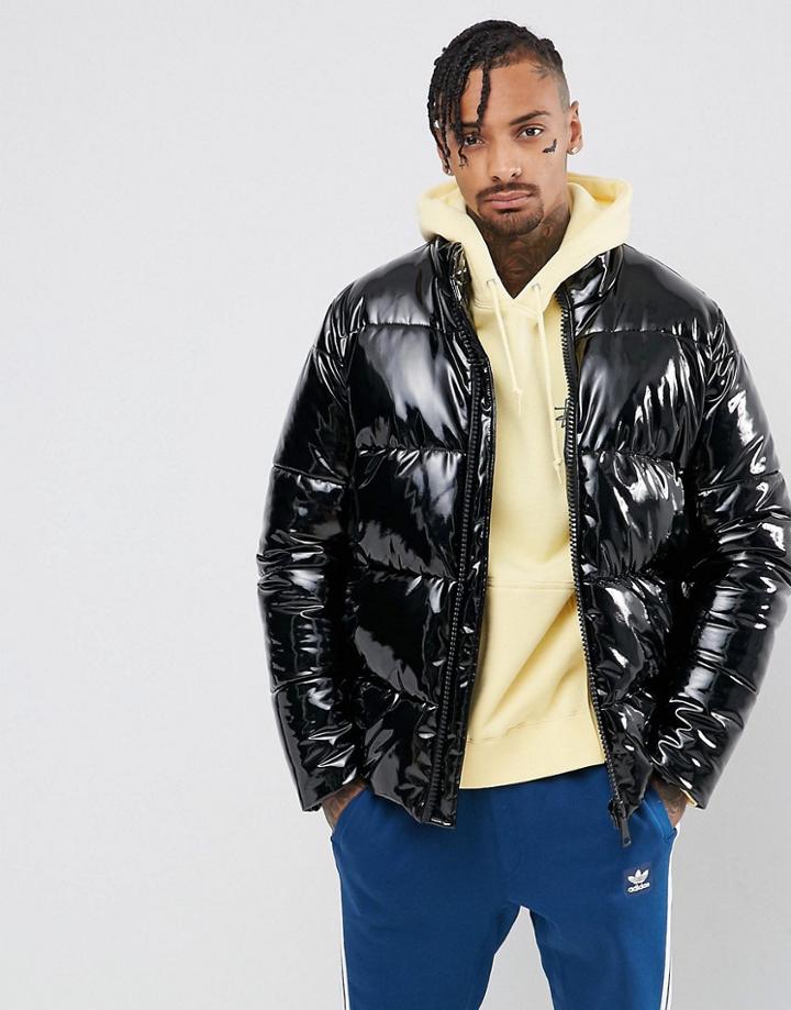 Asos Vinyl Puffer Jacket In Black - Black
