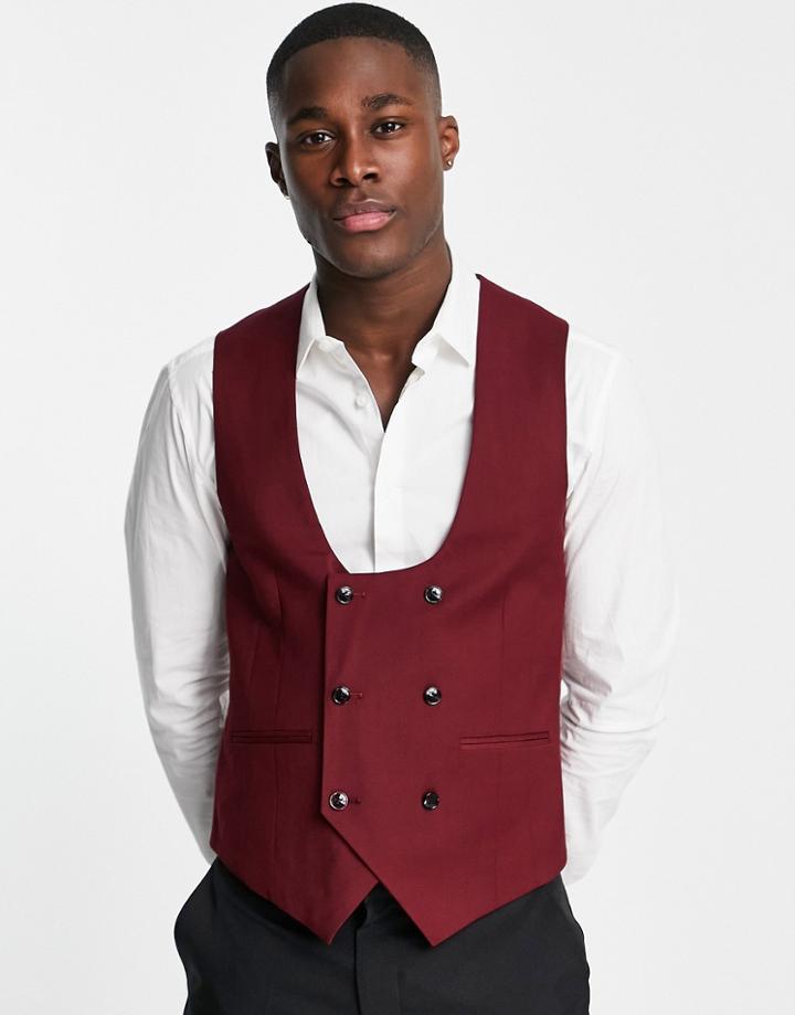 Harry Brown Wedding Skinny Fit Vest In Berry-red