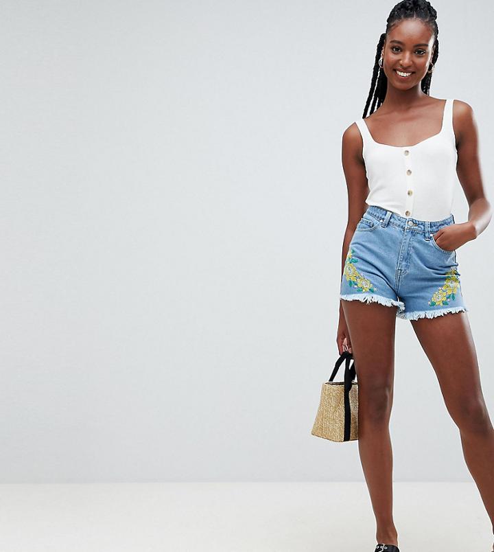 Influence Tall Floral Embroidered Denim Shorts - Blue
