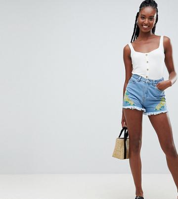 Influence Tall Floral Embroidered Denim Shorts - Blue