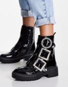 River Island Rhinestone Buckled Flat Boot In Black