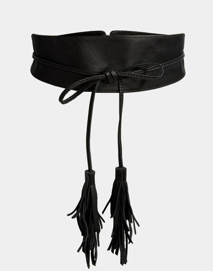 Pieces Leather Tassle Tie Waist Belt. - Black