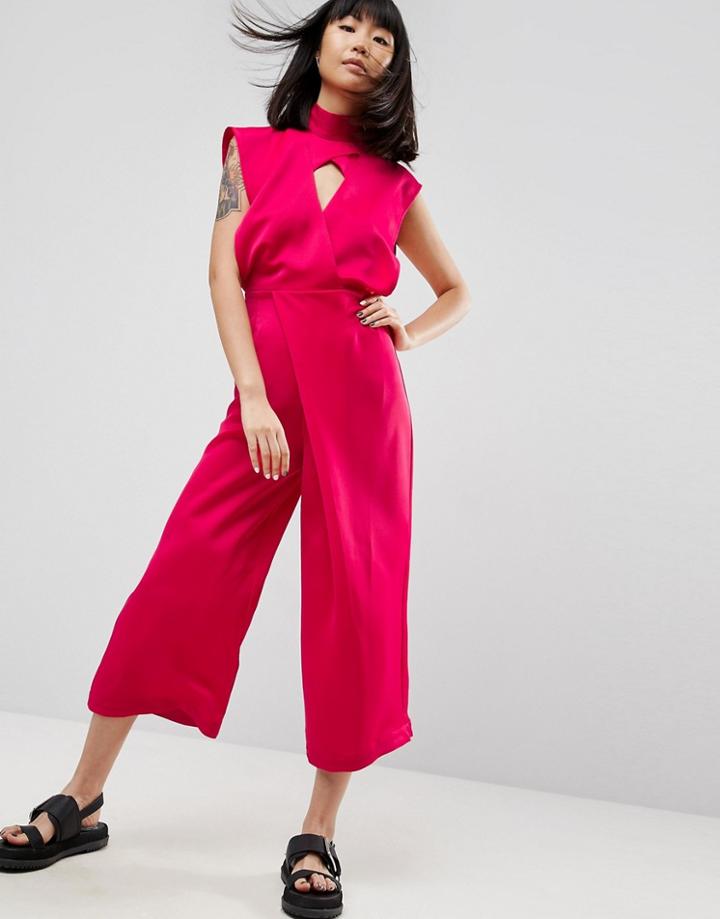 Asos White Cross Front Satin Jumpsuit - Pink