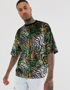 Asos Design Oversized T-shirt In Zebra Print Velour - Multi
