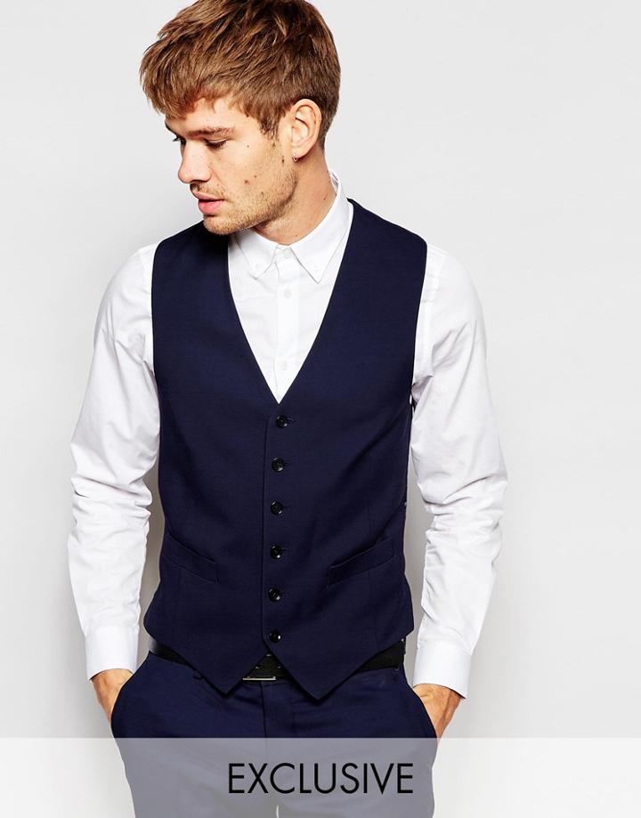 Number Eight Savile Row Exclusive 5 Button Vest In Skinny Fit - Navy