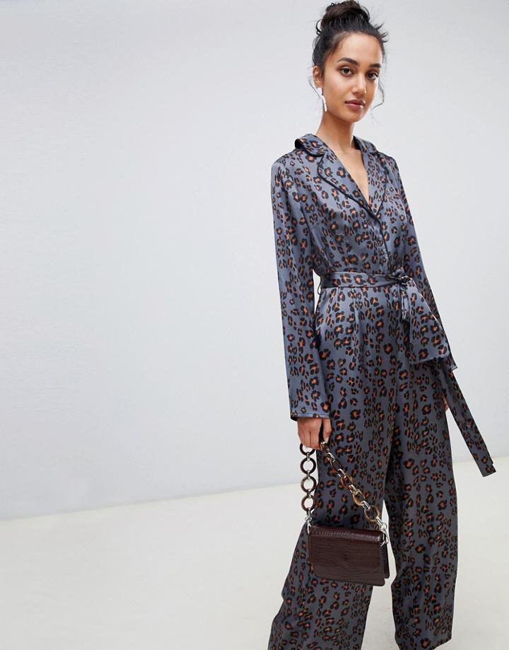 Lost Ink Jumpsuit With Wrap Tie Waist In Leopard - Multi