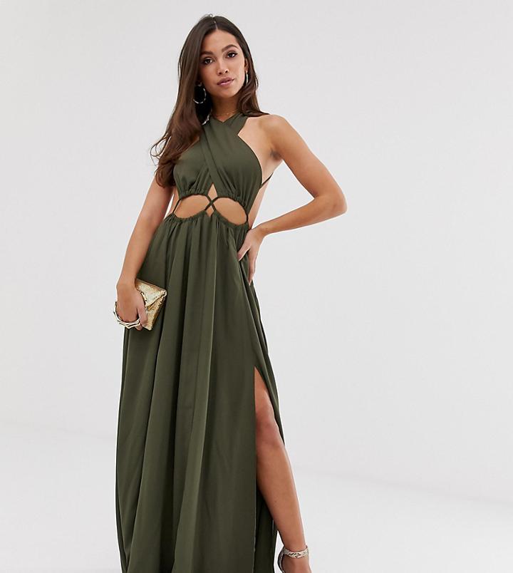 Asos Design Maxi Dress With Cross Neck And Cut Out Waist Detail - Green