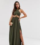 Asos Design Maxi Dress With Cross Neck And Cut Out Waist Detail - Green