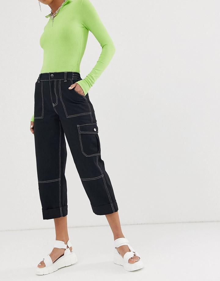 Asos Design Straight Leg Combat Pants With Top Contrast Stitch - Black