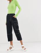 Asos Design Straight Leg Combat Pants With Top Contrast Stitch - Black