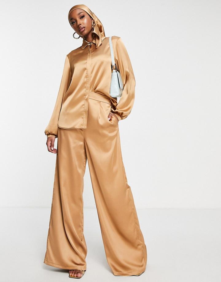 Flounce London Palazzo Pants In Sand Satin-neutral