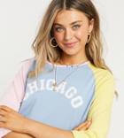 Daisy Street Oversized Color Block Raglan T-shirt With Vintage Chicago Print-blue