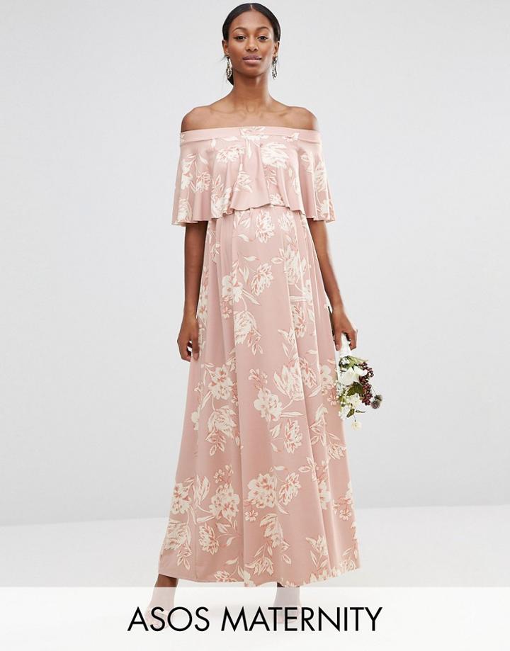 Asos Maternity Wedding Off Shoulder Printed Frill Maxi Dress - Multi