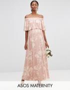 Asos Maternity Wedding Off Shoulder Printed Frill Maxi Dress - Multi