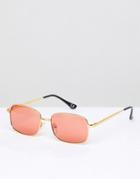 Asos Design Rectangle Sunglasses In Gold With Pink Lens - Gold