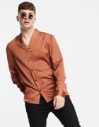 Asos Design Regular Satin Shirt With Shawl Neck In Copper-brown