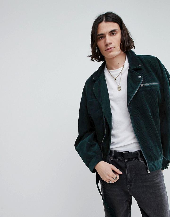 Asos Oversized Cord Biker In Bottle Green - Green