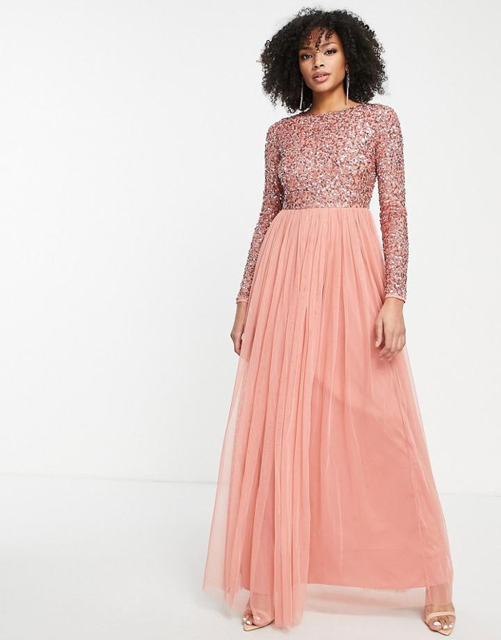 Maya Long Sleeve Maxi Tulle Dress With Tonal Delicate Sequin In Burnt Amber-white