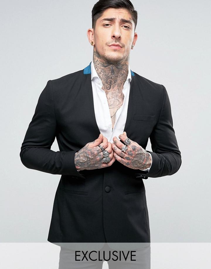 Religion Super Skinny Collarless Suit Jacket With Contrast Velvet Back