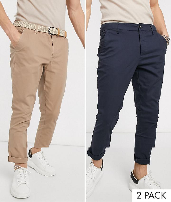 Asos Design 2 Pack Super Skinny Chinos In Navy & Stone-multi