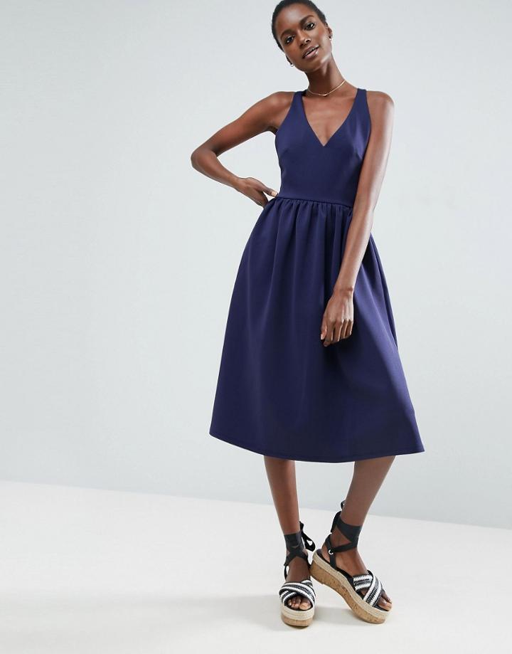 Asos Midi Prom Dress With V Neck - Navy