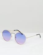 Asos Round Aviator In Gold With Blue & Pink Fade Lens - Gold