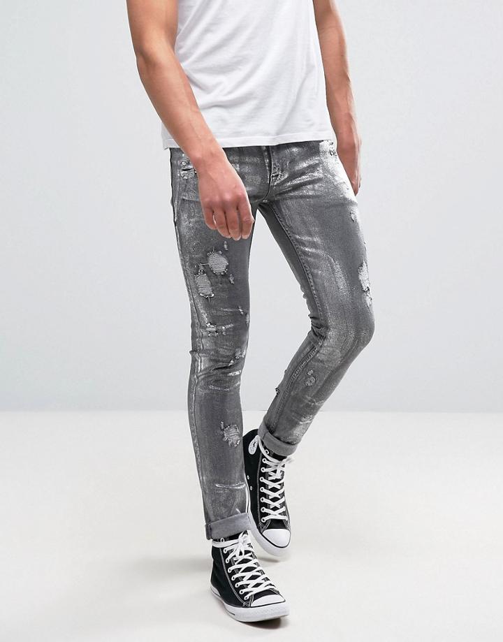 Asos Super Skinny Jeans With Rips In Metalic Sliver Coated Washed Blac