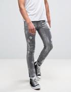 Asos Super Skinny Jeans With Rips In Metalic Sliver Coated Washed Blac