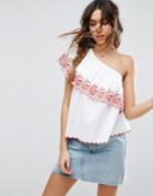 Asos One Shoulder Top In Cotton With Cutwork & Embroidery - White