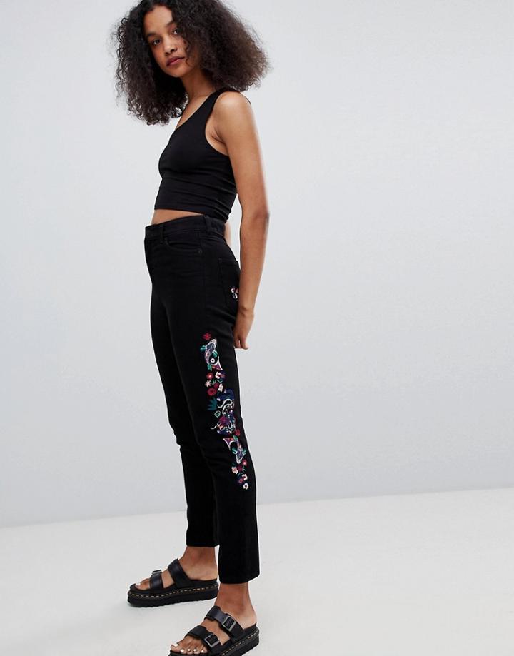 Monki Embroidered Mom Jeans - Black