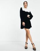 & Other Stories Velvet Mini Dress With Embroidered Collar In Black And White - Multi
