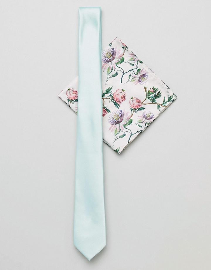 Asos Design Slim Tie In Mint And Floral Pocket Square - Green