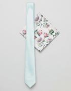 Asos Design Slim Tie In Mint And Floral Pocket Square - Green