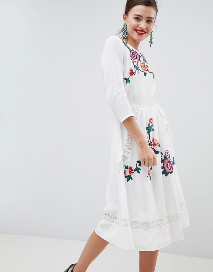 Asos Design Premium Lace Embroiderd Midi Dress With Open Back - Cream