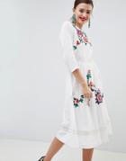Asos Design Premium Lace Embroiderd Midi Dress With Open Back - Cream