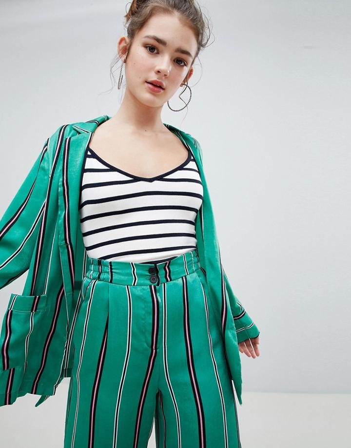 Bershka Striped Satin Blazer In Green - Green